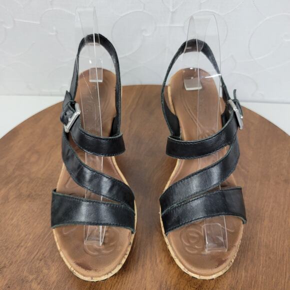 B.O.C Womens Schirra Sandals‎ 7 Black Leather Cork Wedge Sling Back Buckle Strap - Picture 2 of 14
